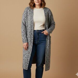 Jessica Simpson Animal Print Cotton Open Front Long Duster Sweater Gray XL